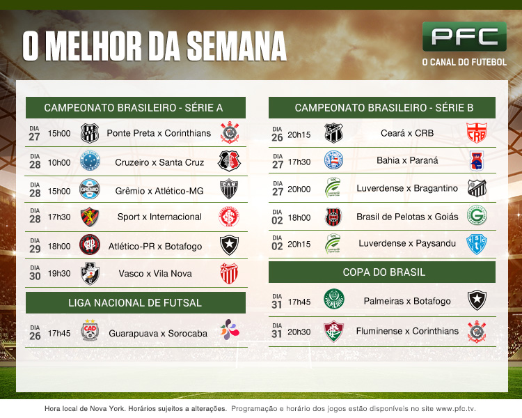 Tabela completa dos jogos que serão transmitidos ao vivo pelo PFC de 26 de agosto a 2 de setembro