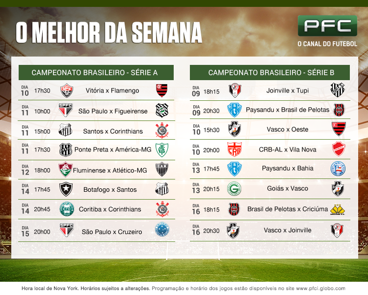 Tabela completa dos jogos que serão transmitidos ao vivo pelo PFC de 09 a 16  de setembro