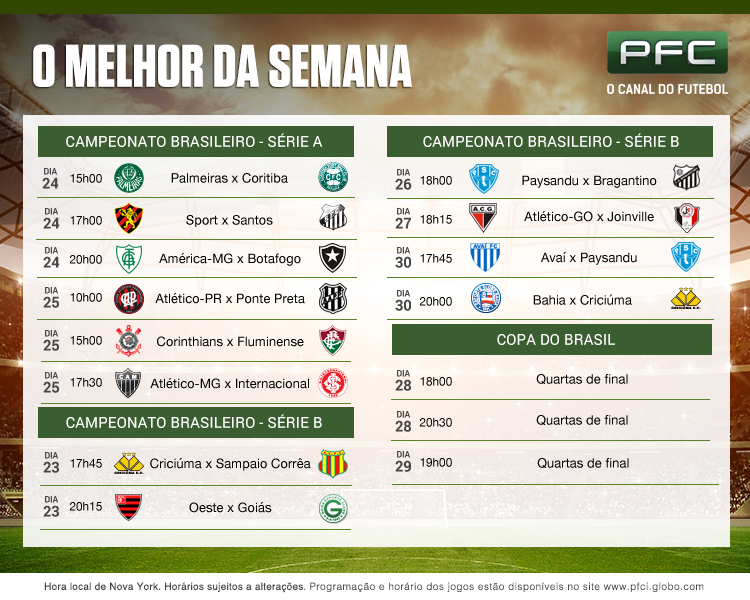 Tabela completa dos jogos que serão transmitidos ao vivo pelo PFC de 23 a 30 de setembro