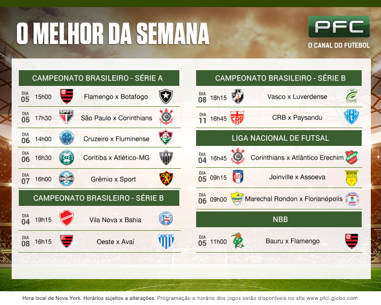 Tabela completa dos jogos que serão transmitidos ao vivo pelo PFC de 04 a 11 de novembro