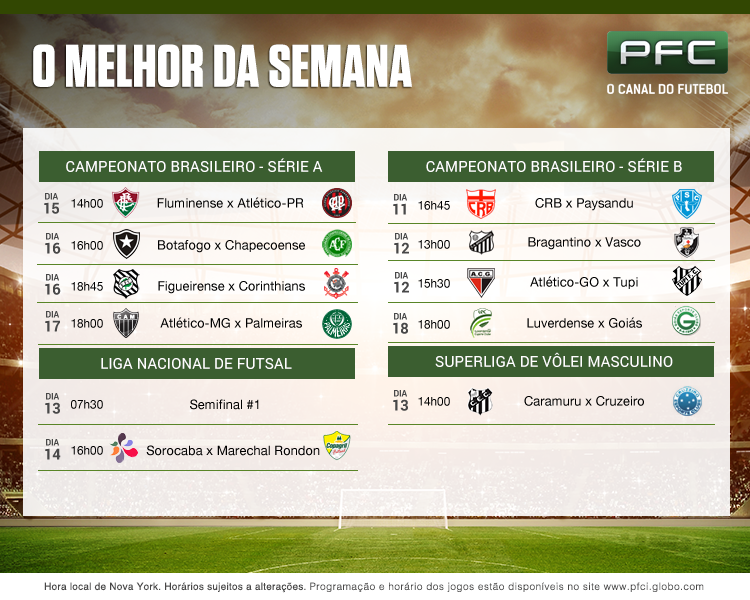 Tabela completa dos jogos que serão transmitidos ao vivo pelo PFC de 11 a 18 de novembro