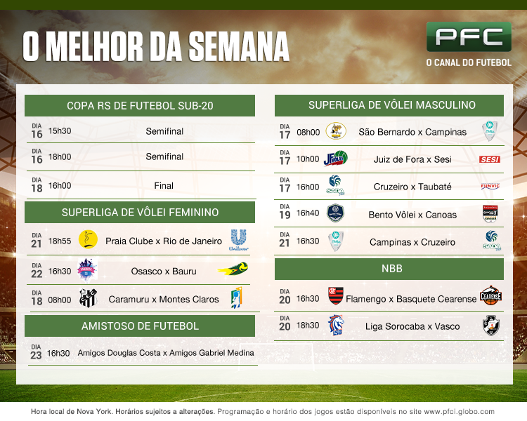 Tabela de jogos que serão transmitidos pelo PFC de 16 a 23 de dezembro