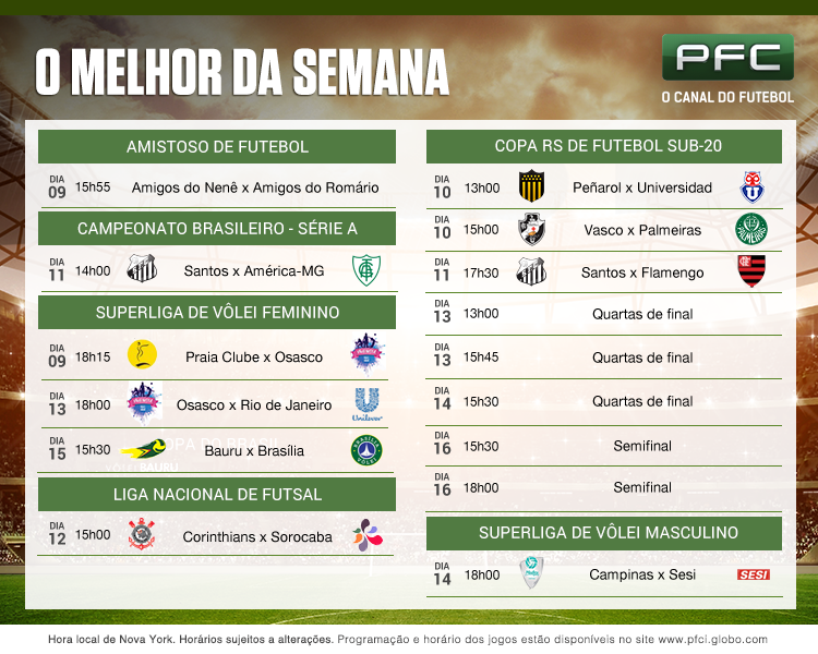 Tabela completa dos jogos que serão transmitidos ao vivo pelo PFC de 09 a 16 de dezembro