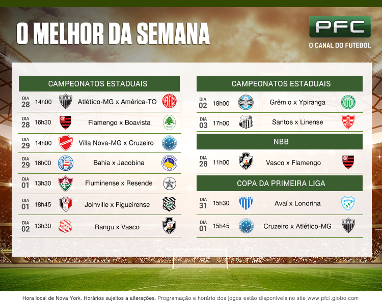 Tabela completa dos jogos que serão transmitidos ao vivo pelo PFC de 27 de janeiro a 3 de fevereiro