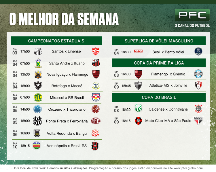 Tabela completa dos jogos que serão transmitidos ao vivo pelo PFC de 3 a 10 de fevereiro