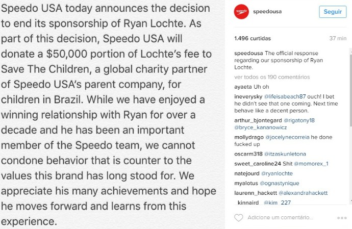 Speedo enviou nota nesta segunda