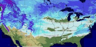 Pontos brancos do mapa mostram a neve em 49 estados americanos