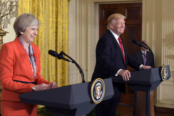 Britain's Prime Minister Theresa May speaks during a joint press conference with US President Donald Trump in the East Room of the White House on January 27, 2017 in Washington, DC. / AFP PHOTO / MANDEL NGAN