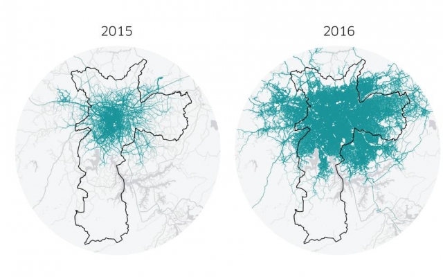 Mapa mostra evolução das viagens do Uber entre 2015 e 2016