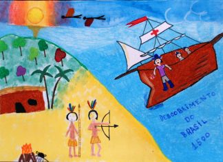 Desenho de Giuliana Jasana Follmann Lopez (Uruguai) com o tema "Descobrimento do Brasil 1500"