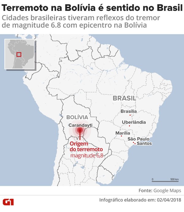 Localização do terremoto na Bolívia que teve reflexos no Brasil Fonte: GoogleMaps/G1