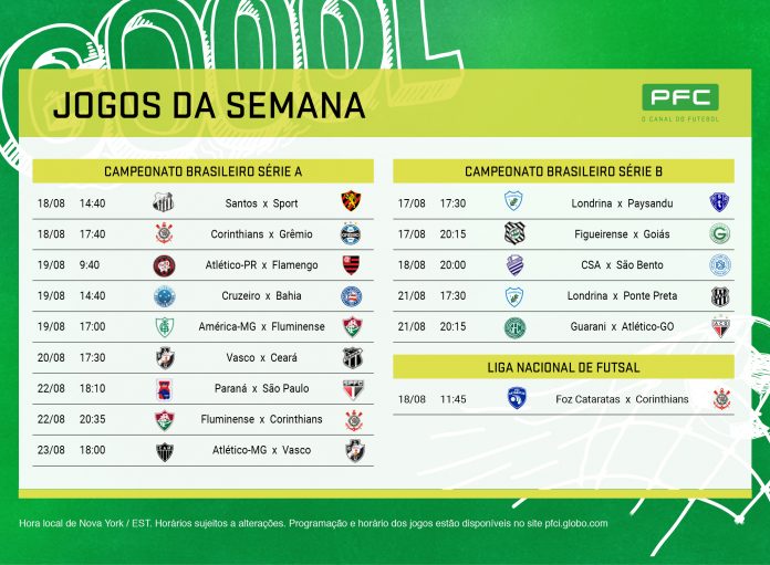Confira a tabela completa dos jogos que serão transmitidos AO VIVO pelo PFC de 17 a 23 de agosto (horários de Brasília) Confira a tabela completa dos jogos que serão transmitidos AO VIVO pelo PFC de 17 a 23 de agosto (horários de Brasília)