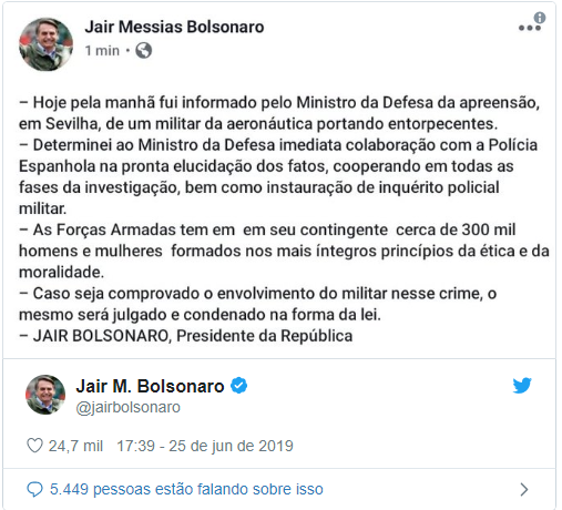 Bolsonaro falou sobre apreensão nas redes sociais