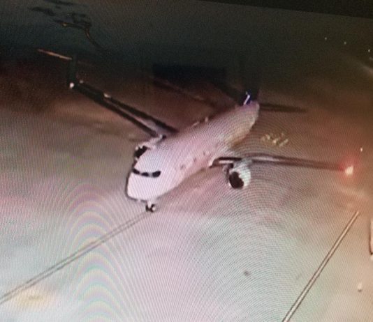Avião com brasileiros deportados no pátio de Confins,(ReproduçãoTV/Globo)