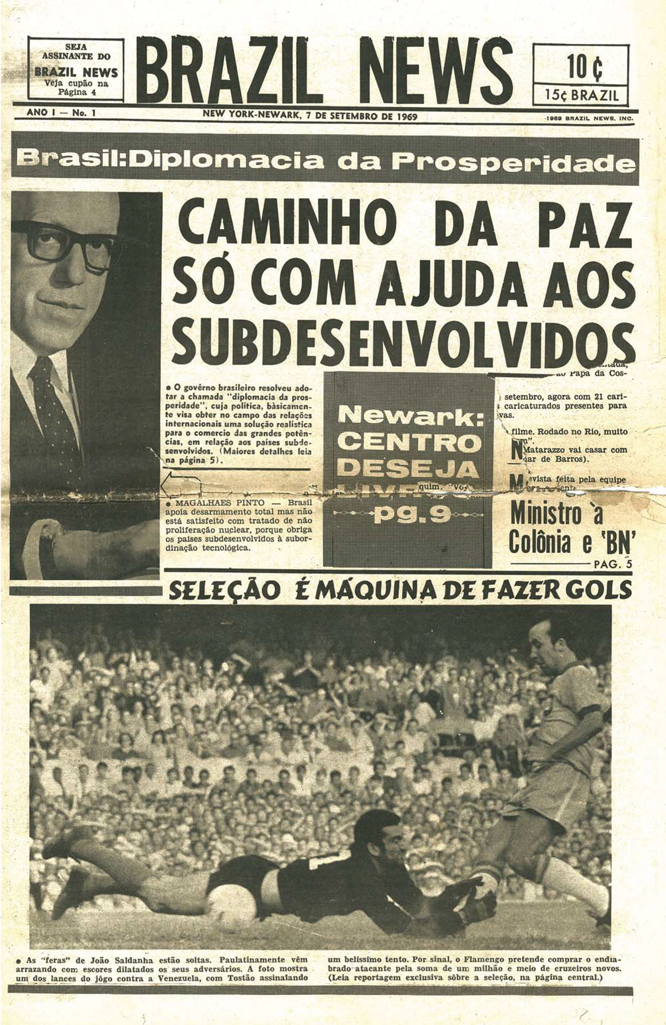 Primeira página do Brazil News, lançado em 7 de setembro de 1969, em Newark e New York (Reprodução)