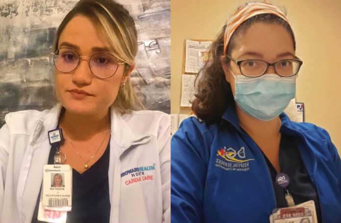 Natasha-e-Viviane Natasha trabalha no Broward Health North, em Deerfield Beach e Viviane Dornelas é enfermeira em Connecticut