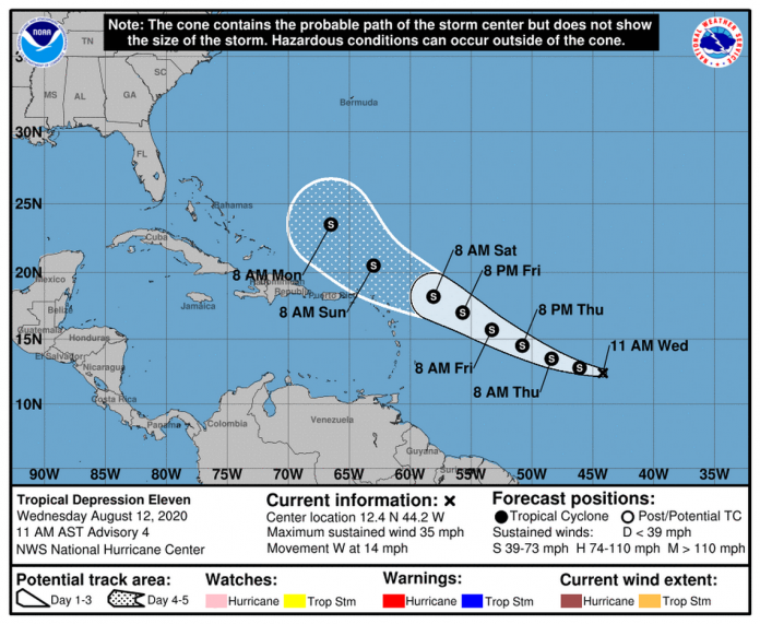 A Depressão Tropical pode se transformar em Tempestade Tropical Josephine na quarta-feira, disseram os meteorologistas (foto:captura de tela NHC)
