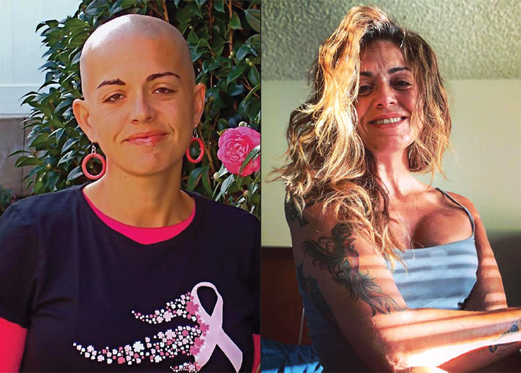 A cantora Fabiana Passoni, à esquerda durante o tratamento de câncer em 2008 e à direita em foto de 2019 curada e hoje mãe de triplos (Foto: Arquivo pessoal)