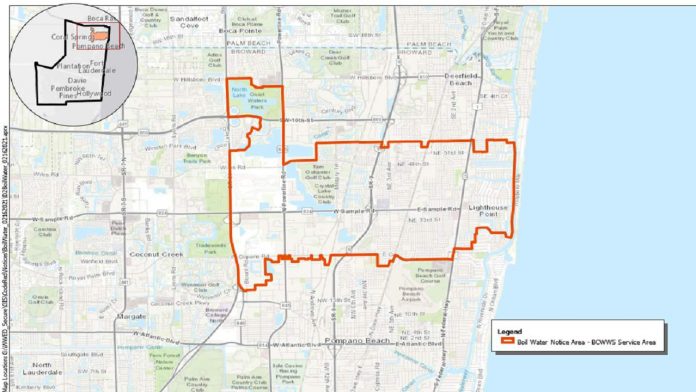Área em vermelho continua sob aviso de fervura de água (ilustração: (Broward County Water & Wastewater Services) Área em vermelho continua sob aviso de fervura de água (ilustração: (Broward County Water & Wastewater Services)