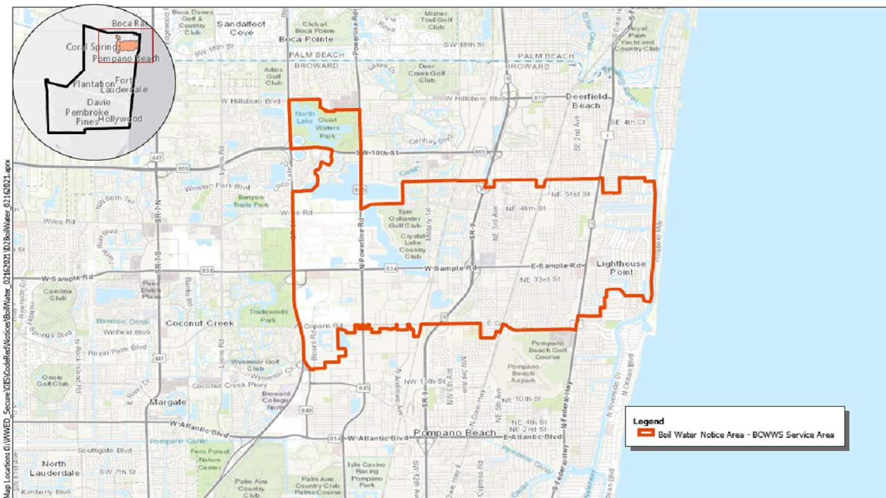 Área em vermelho continua sob aviso de fervura de água (ilustração: (Broward County Water & Wastewater Services)