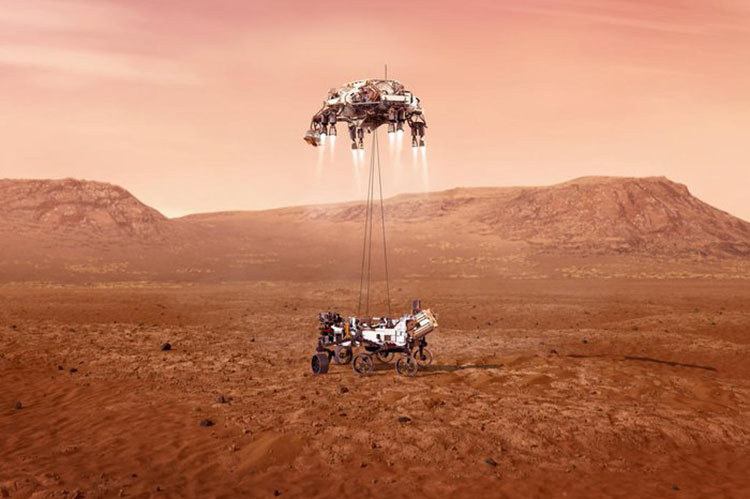 Ilustração mostra a chegada do veículo rover no solo marciano (Foto: Nasa)