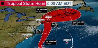 De acordo com o NHC, Henri deve provocar chuvas e alagamentos nesses estados no fim de semana (Foto: Weather.com)