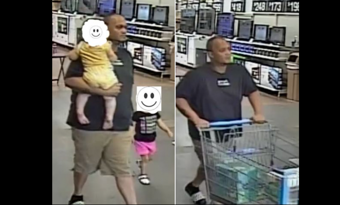Imagens das câmeras de segurança mostram o homem dentro do Walmart com duas crianças pequenas (foto: WHPD)