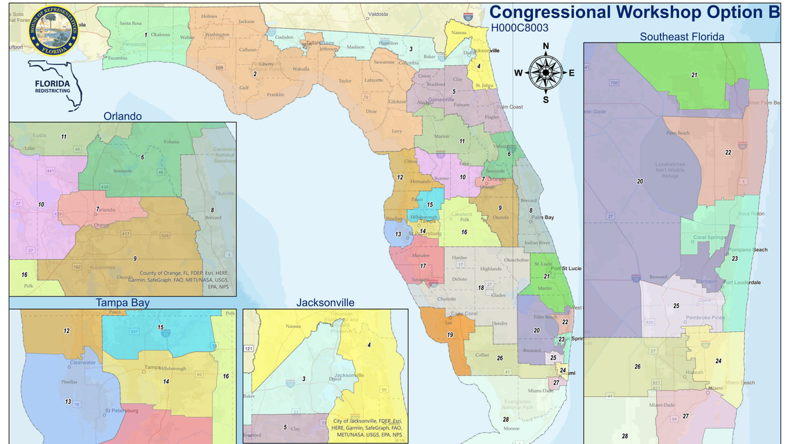 Captura de tela de um dos dois mapas de redistritamento do Congresso divulgados na segunda-feira, 29 de novembro de 2021, pela Câmara dos Deputados da Flórida (Foto: Câmara de Deputados da Flórida)