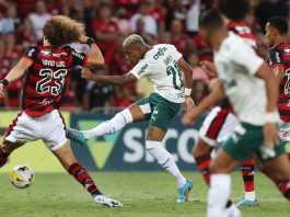 Danilo completou 100 jogos com a camisa do Palmeiras e foi elogiado por João Gomes. Ele retribuiu a gentileza enaltecendo o bom futebol do volante flamenguista (Foto: Cesar Greco)