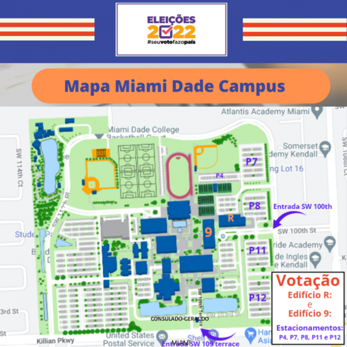 O mapa indica quais serão os locais de votação no Miami Dade College em outubro (Imagem: Mapa Campus do Miami Dade College)