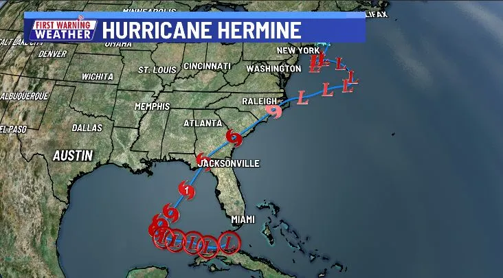 Os meteorologistas preveem que a Depressão Tropical Nove se tornará a tempestade tropical Hermine na noite de sexta-feira (23) (Imagem: Centro Nacional de Furacões)