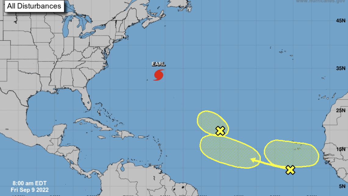 As ondas de Earl provavelmente causarão ondas com risco de vida e afetarão as condições atuais nas Bermudas e partes da costa leste dos EUA (Imagem: NOAA)