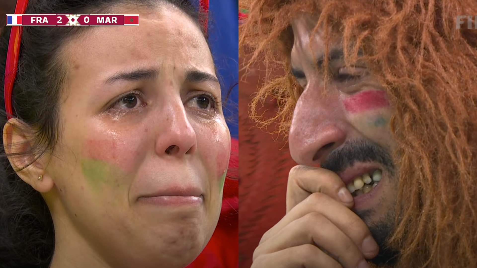 Marroquinos desolados com a derrota para a França por 2 a 0 (Foto: Reprodução TV)