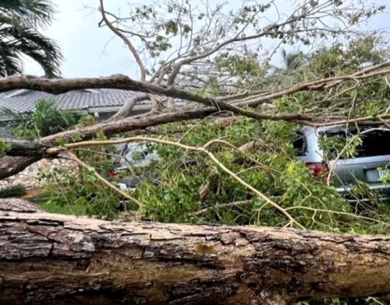 As chuvas do domingo (1º) em Broward County resultaram em danos materiais. Em Margate, foram registradas rajadas de vento de até 70 milhas por hora (Foto: Reprodução TV)