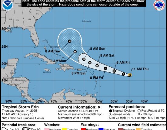 O Centro Nacional de Furacões alerta que alterações na alta pressão na região das Bermudas poderão afetar a trajetória de Erin (Foto: NOAA)