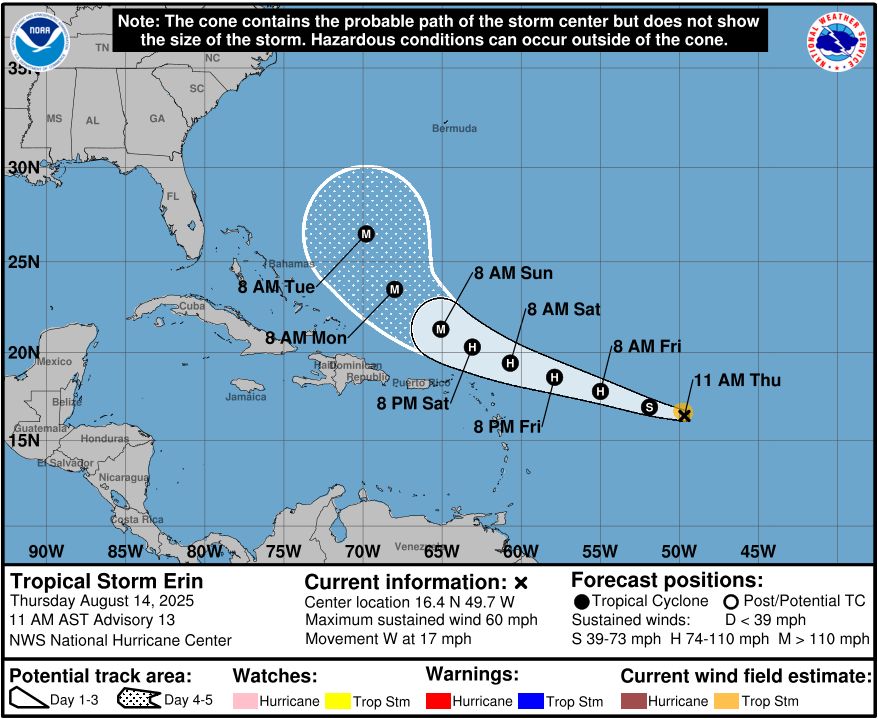 O Centro Nacional de Furacões alerta que alterações na alta pressão na região das Bermudas poderão afetar a trajetória de Erin (Foto: NOAA)