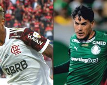 Bruno Henrique (Fla) e Gustavo Gómez (Palmeiras) são personagens do jogão deste sábado (Fotos: Wikimedia/Redes Sociais)