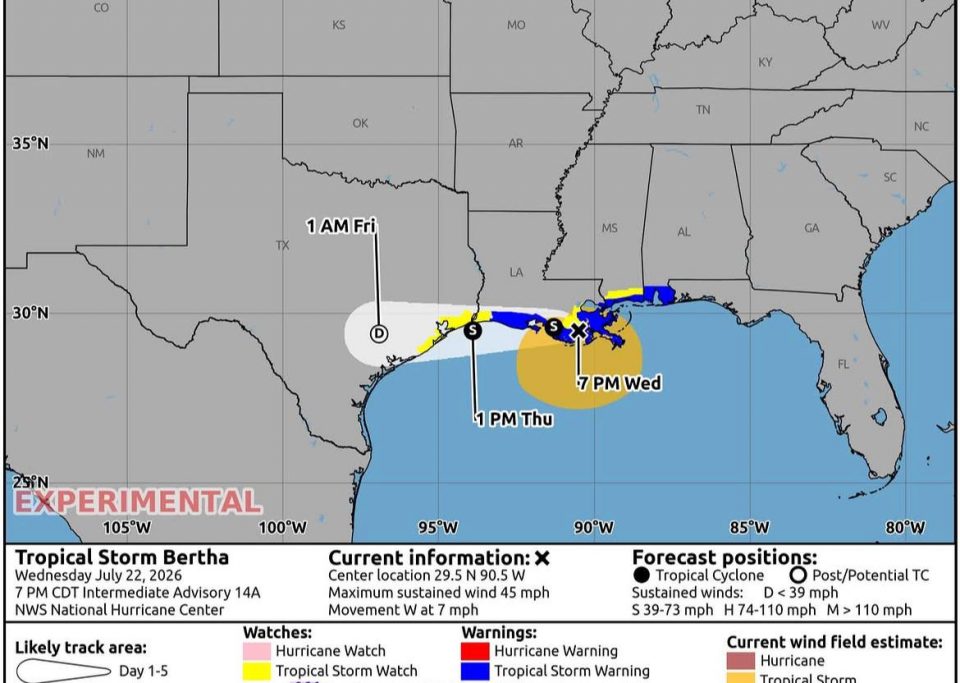 A tempestade, que é a segunda nomeada na temporada de furacões 2026, atingiu localidade que fica a cerca de 40 milhas a leste de Nova Orleans (Reprodução redes sociais)