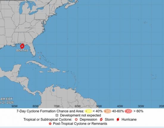 Apesar de permanecer classificada como tempestade tropical, Bertha pode provocar prejuízos significativos, principalmente quando associada a grandes volumes de chuva, ressacas e inundações costeiras (Foto: Reprodução NHC)