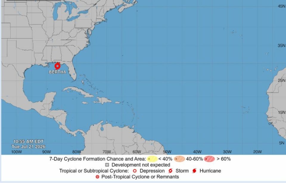 Apesar de permanecer classificada como tempestade tropical, Bertha pode provocar prejuízos significativos, principalmente quando associada a grandes volumes de chuva, ressacas e inundações costeiras (Foto: Reprodução NHC)